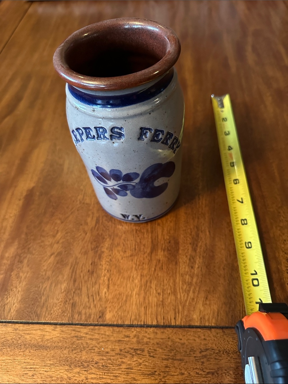 Stoneware Crock Vase with Blue Motif and Brown Rim